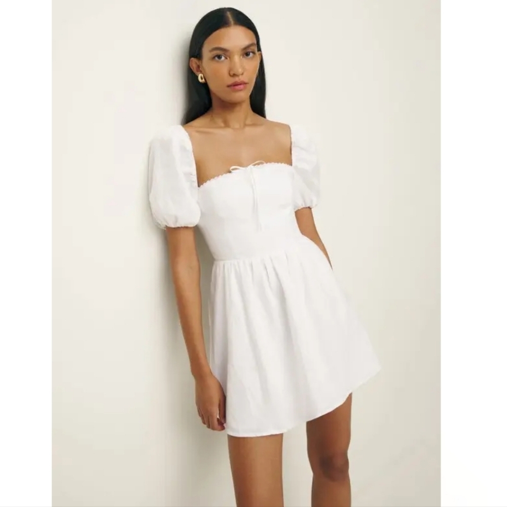 Reformation Malvina Puff Sleeves Linen Mini Dress In White New Size 6